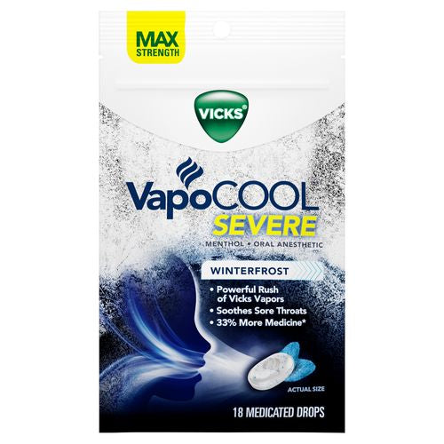 Vicks Vapocool Severe Medicated Sore Throat Drops  Fast-Acting Max Strength Relief  Powerful Vicks Vapors  Menthol  Winterfrost Flavor  18 Ct Supply