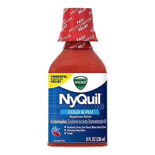 Vicks NyQuil, Nighttime Cold & Flu Symptom Relief, Relives Aches, Fever, Sore Throat, Sneezing, Runny Nose, Cough, 8 Fl Oz, Cherry Flavor For Discount