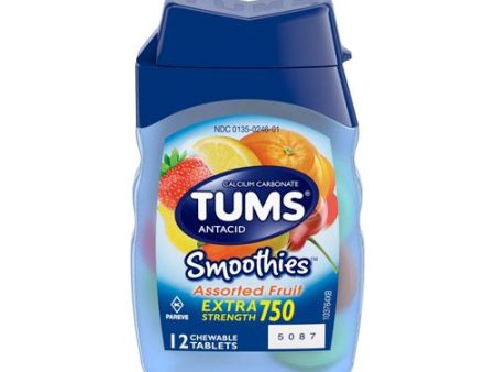 TUMS Smoothies Assorted Fruit Extra StrengthAntacid Chewable Tablets for Heartburn Relief, 12 Tablets Supply