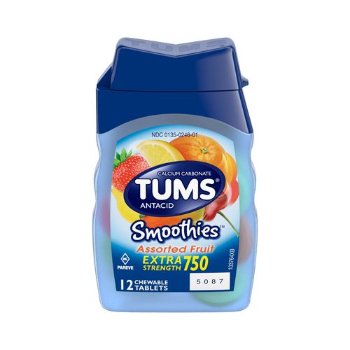 TUMS Smoothies Assorted Fruit Extra StrengthAntacid Chewable Tablets for Heartburn Relief, 12 Tablets Supply